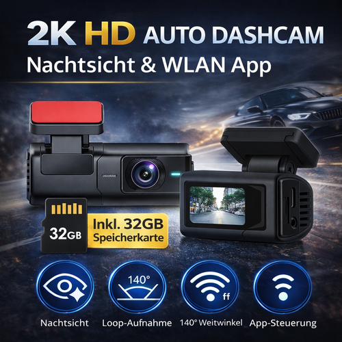 2K HD Front Dashcam fürs Auto – Night Vision, WLAN App, IPS Screen, 32GB Speicherkarte